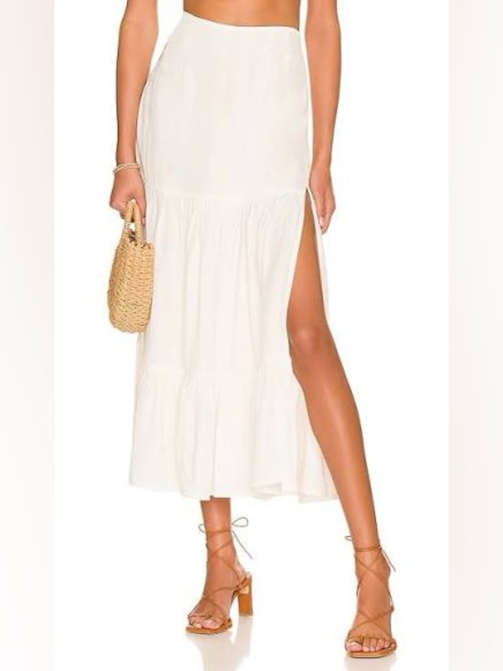 Indah Adaline Prairie Skirt in Ivory, Cream Side-Slit Tiered Bamboo Maxi Skirt